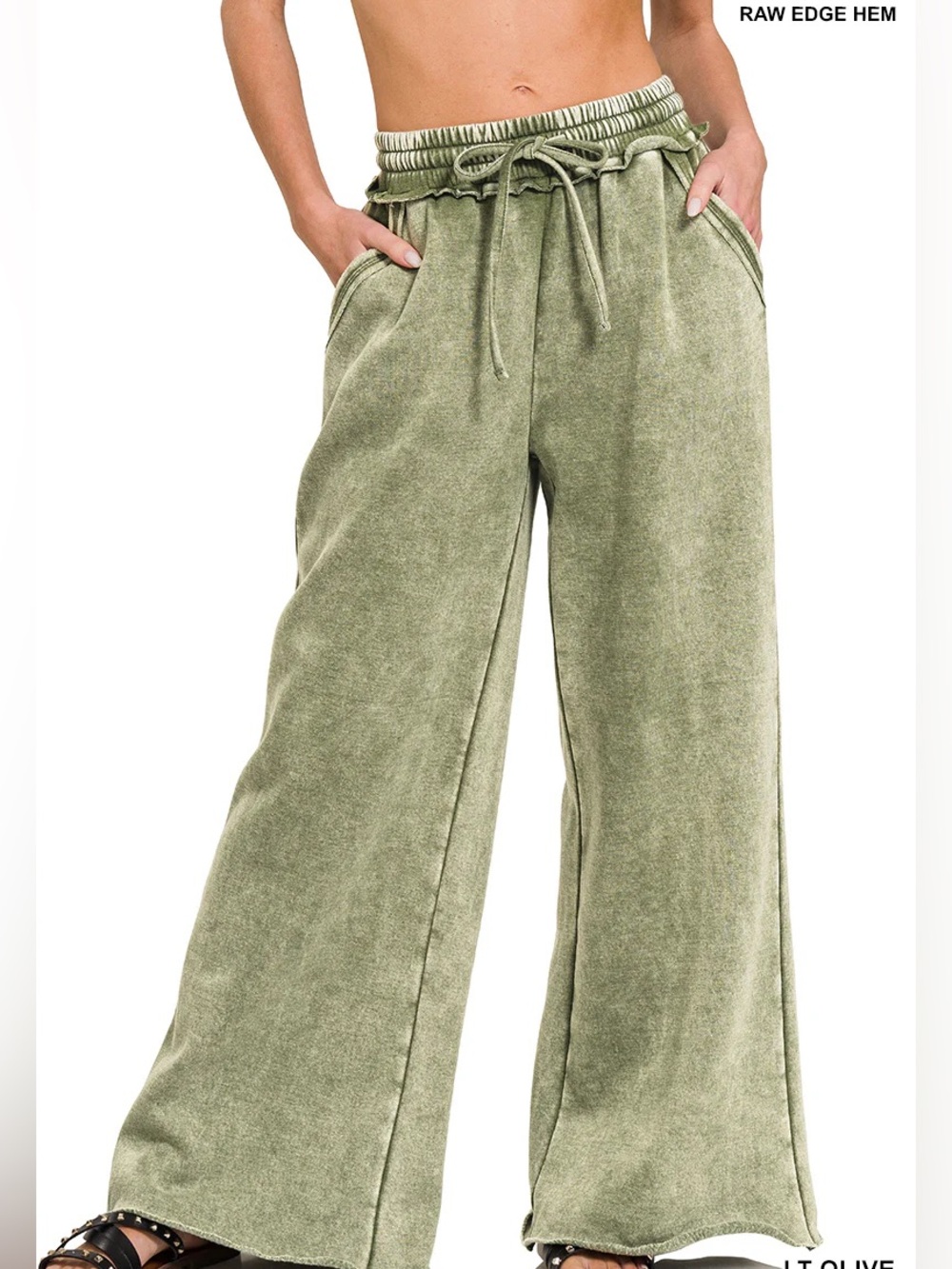 Zenana Acid Wash Fleece Wide-Leg Drawstring Sweatpants In Olive Green